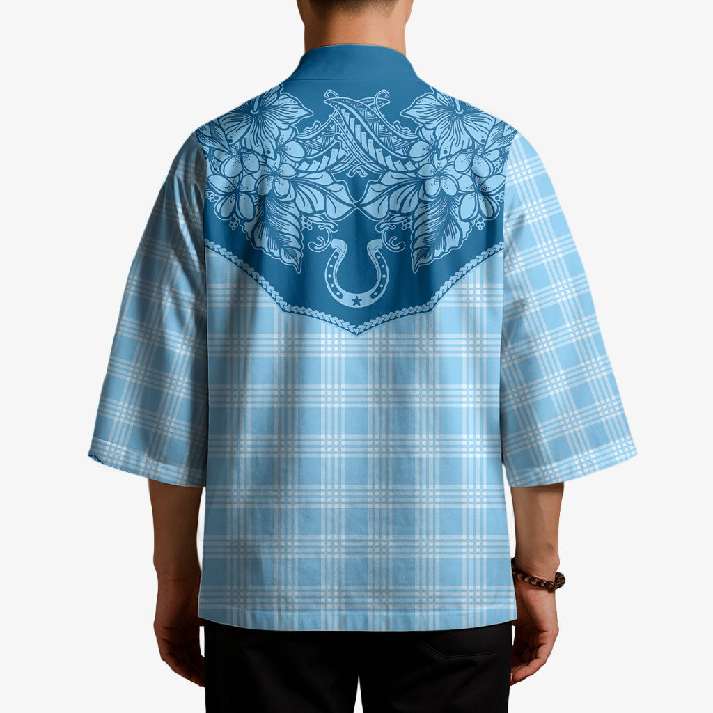 Hawai'i Paniolo Motif Deep Blue Kimono Floral Palaka Print LT7 - Polynesian Pride