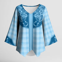 Hawai'i Paniolo Motif Deep Blue Kimono Sleeve Blouse Floral Palaka Print LT7 Female Navy Blue - Polynesian Pride
