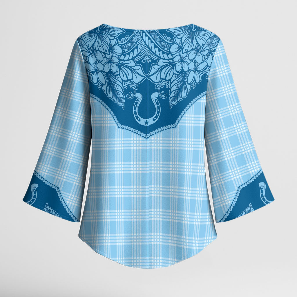 Hawai'i Paniolo Motif Deep Blue Kimono Sleeve Blouse Floral Palaka Print LT7 - Polynesian Pride