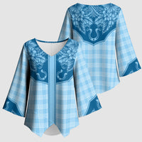 Hawai'i Paniolo Motif Deep Blue Kimono Sleeve Blouse Floral Palaka Print LT7 - Polynesian Pride