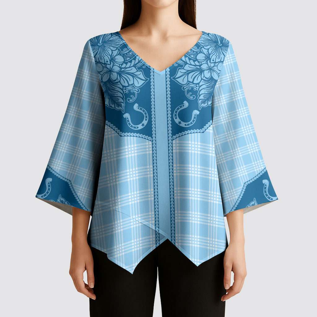 Hawai'i Paniolo Motif Deep Blue Kimono Sleeve Blouse Floral Palaka Print LT7 - Polynesian Pride
