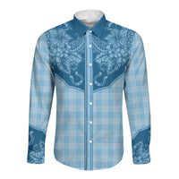 Hawai'i Paniolo Motif Deep Blue Long Sleeve Button Shirt Floral Palaka Print LT7 Unisex Navy Blue - Polynesian Pride