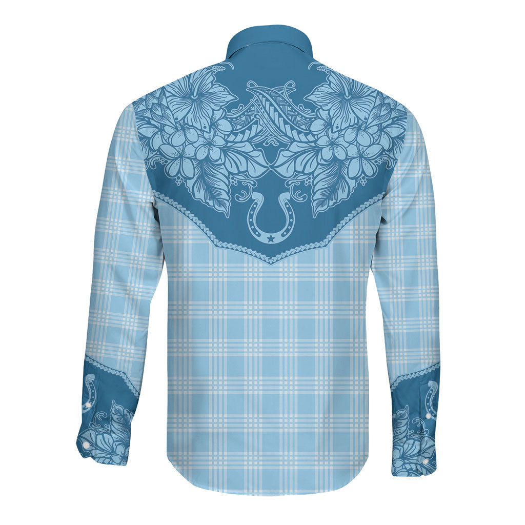 Hawai'i Paniolo Motif Deep Blue Long Sleeve Button Shirt Floral Palaka Print LT7 - Polynesian Pride