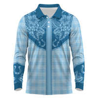 Hawai'i Paniolo Motif Deep Blue Long Sleeve Polo Shirt Floral Palaka Print LT7 Navy Blue - Polynesian Pride
