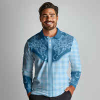 Hawai'i Paniolo Motif Deep Blue Long Sleeve Polo Shirt Floral Palaka Print LT7 - Polynesian Pride