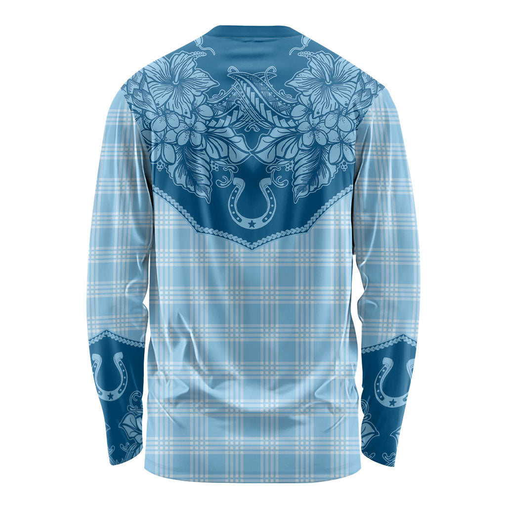 Hawai'i Paniolo Motif Deep Blue Long Sleeve Shirt Floral Palaka Print LT7 - Polynesian Pride
