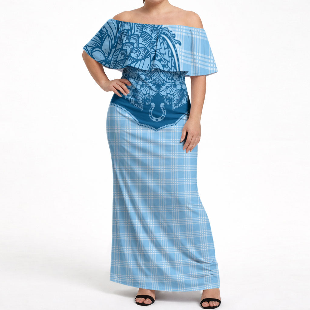Hawai'i Paniolo Motif Deep Blue Off Shoulder Maxi Dress Floral Palaka Print LT7 Women Navy Blue - Polynesian Pride