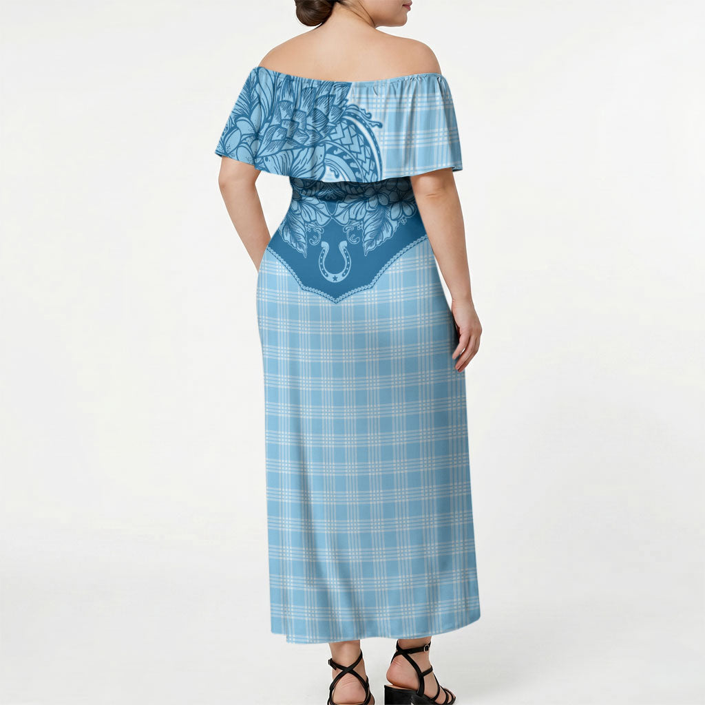 Hawai'i Paniolo Motif Deep Blue Off Shoulder Maxi Dress Floral Palaka Print LT7 - Polynesian Pride