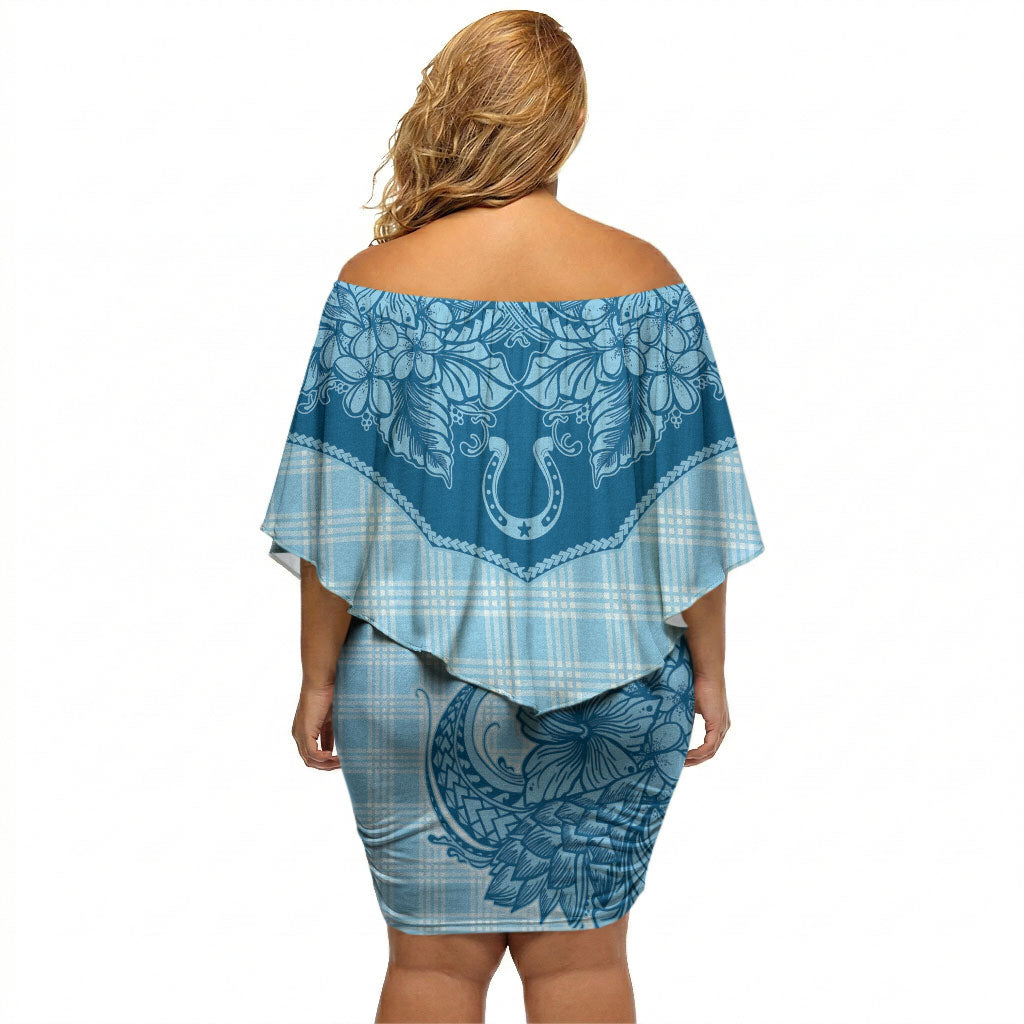 Hawai'i Paniolo Motif Deep Blue Off Shoulder Short Dress Floral Palaka Print LT7 - Polynesian Pride