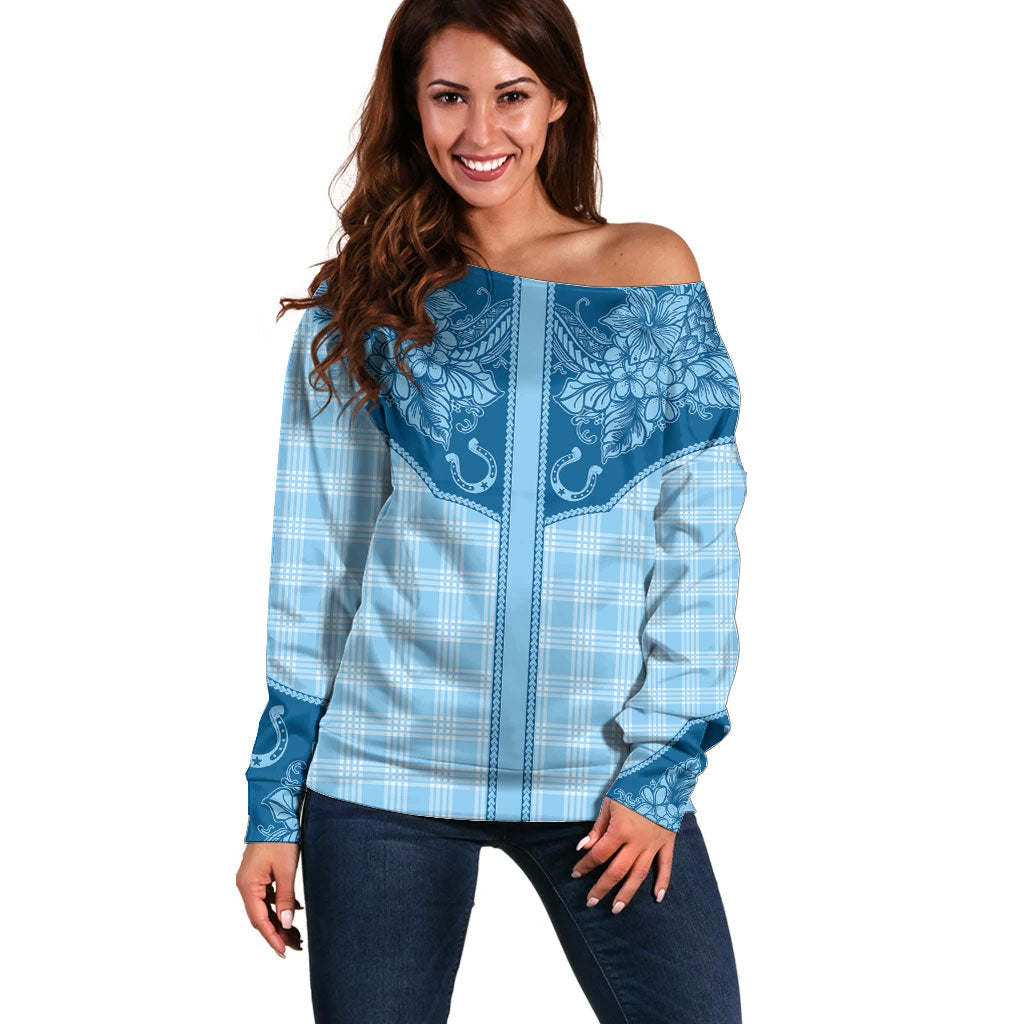 Hawai'i Paniolo Motif Deep Blue Off Shoulder Sweater Floral Palaka Print LT7 Women Navy Blue - Polynesian Pride