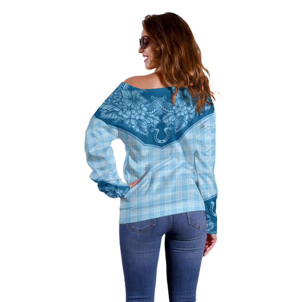 Hawai'i Paniolo Motif Deep Blue Off Shoulder Sweater Floral Palaka Print LT7 - Polynesian Pride