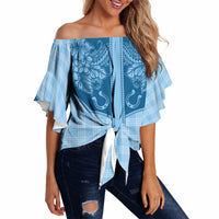 Hawai'i Paniolo Motif Deep Blue Off Shoulder Wrap Waist Top Floral Palaka Print LT7 Navy Blue - Polynesian Pride