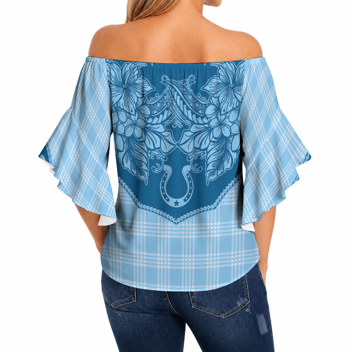 Hawai'i Paniolo Motif Deep Blue Off Shoulder Wrap Waist Top Floral Palaka Print LT7 - Polynesian Pride
