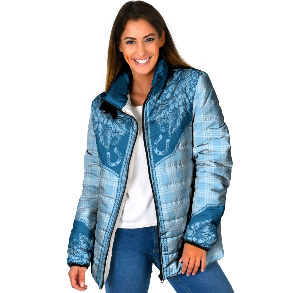Hawai'i Paniolo Motif Deep Blue Padded Jacket Floral Palaka Print LT7 Women Navy Blue - Polynesian Pride