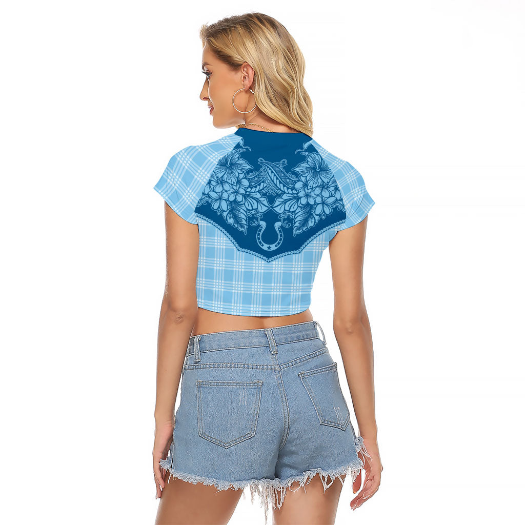 Hawai'i Paniolo Motif Deep Blue Raglan Cropped T Shirt Floral Palaka Print LT7 - Polynesian Pride