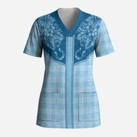 Hawai'i Paniolo Motif Deep Blue Scrub Top Floral Palaka Print LT7 Adult Navy Blue - Polynesian Pride