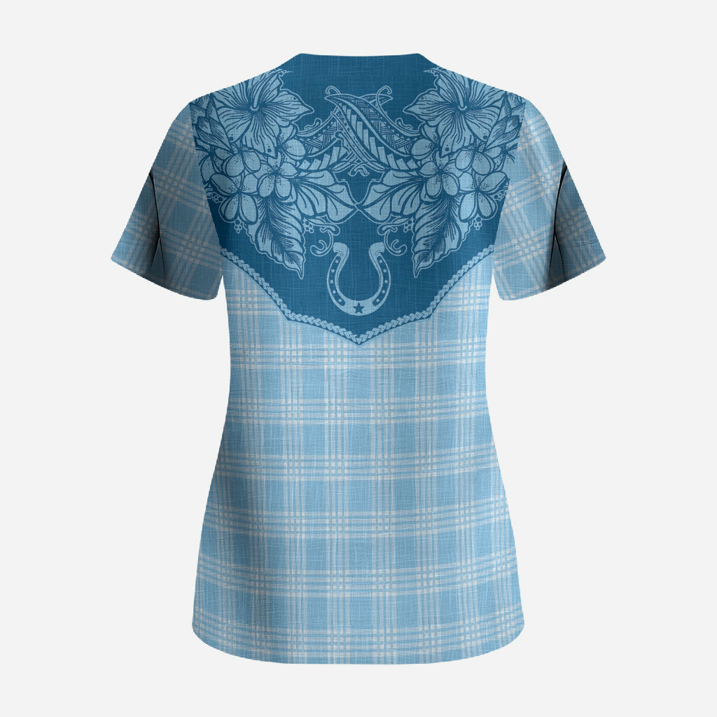 Hawai'i Paniolo Motif Deep Blue Scrub Top Floral Palaka Print LT7 - Polynesian Pride