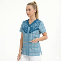 Hawai'i Paniolo Motif Deep Blue Scrub Top Floral Palaka Print LT7 - Polynesian Pride