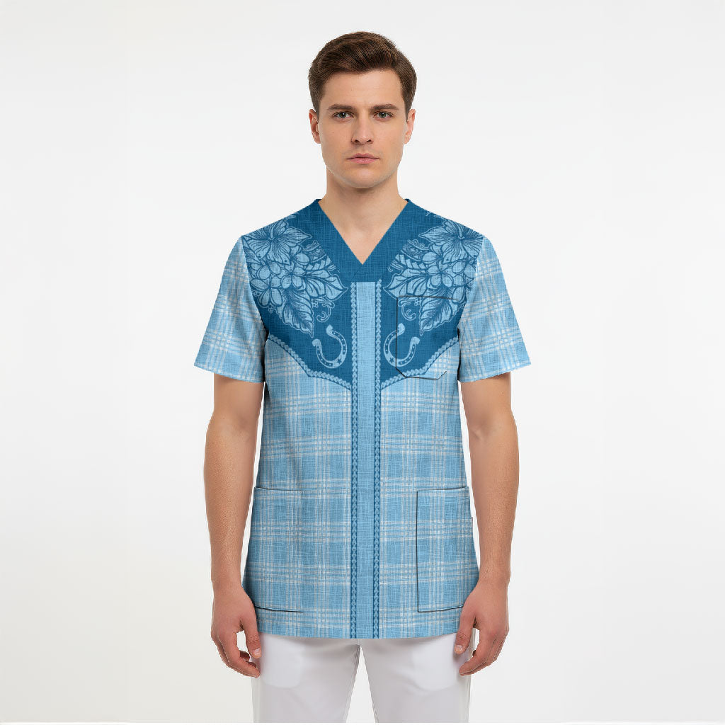 Hawai'i Paniolo Motif Deep Blue Scrub Top Floral Palaka Print LT7 - Polynesian Pride