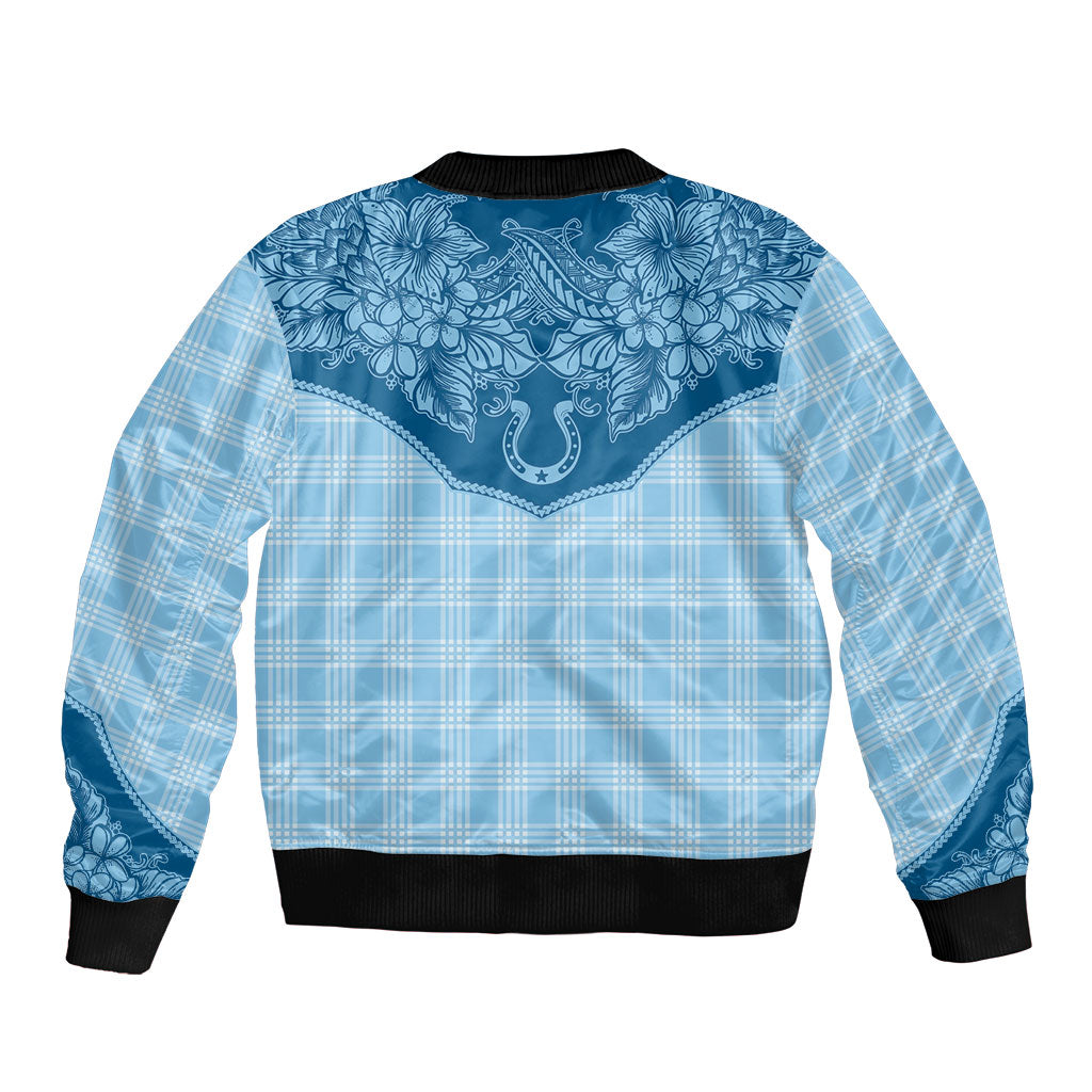 Hawai'i Paniolo Motif Deep Blue Sleeve Zip Bomber Jacket Floral Palaka Print LT7 - Polynesian Pride
