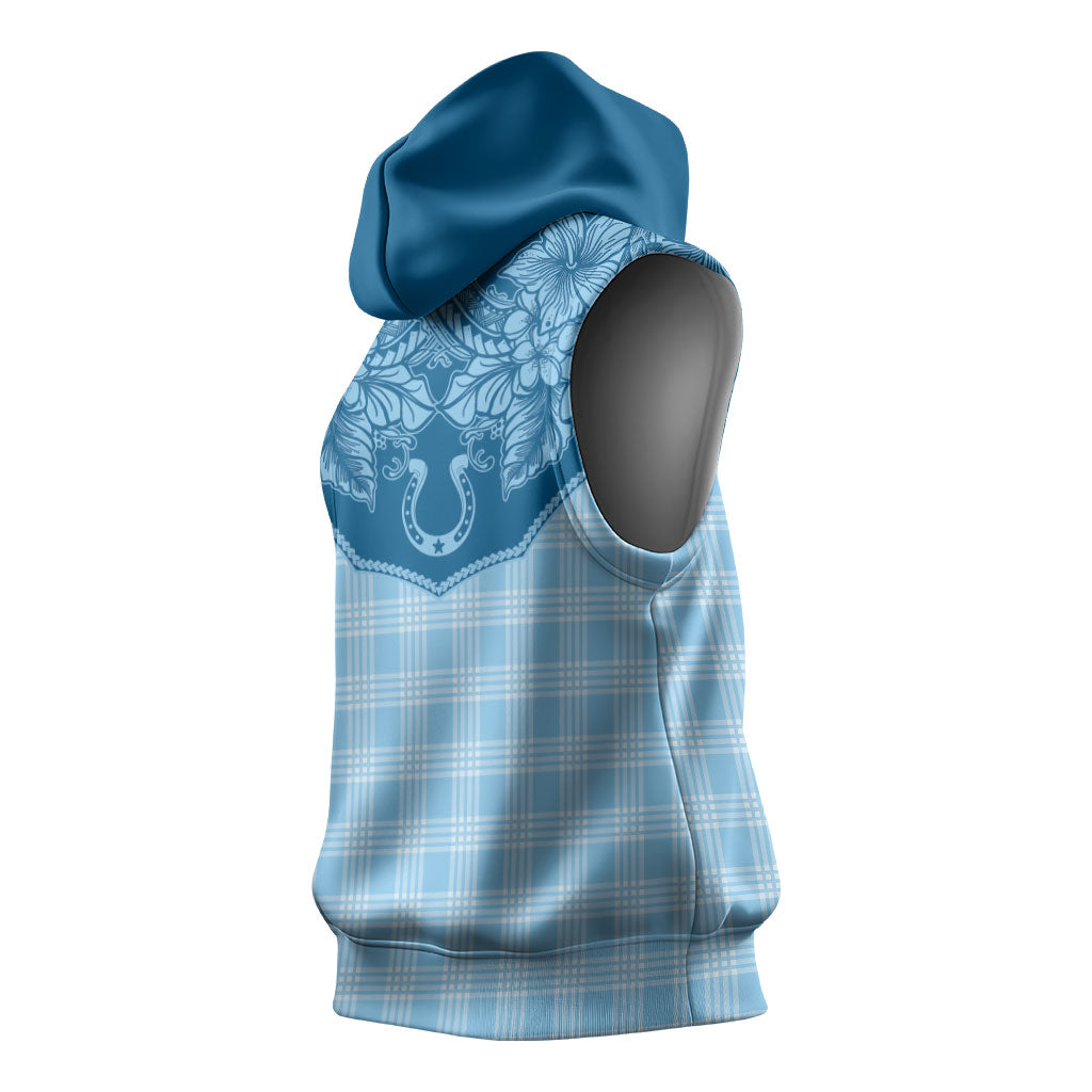 Hawai'i Paniolo Motif Deep Blue Sleeveless Hoodie Floral Palaka Print LT7 - Polynesian Pride