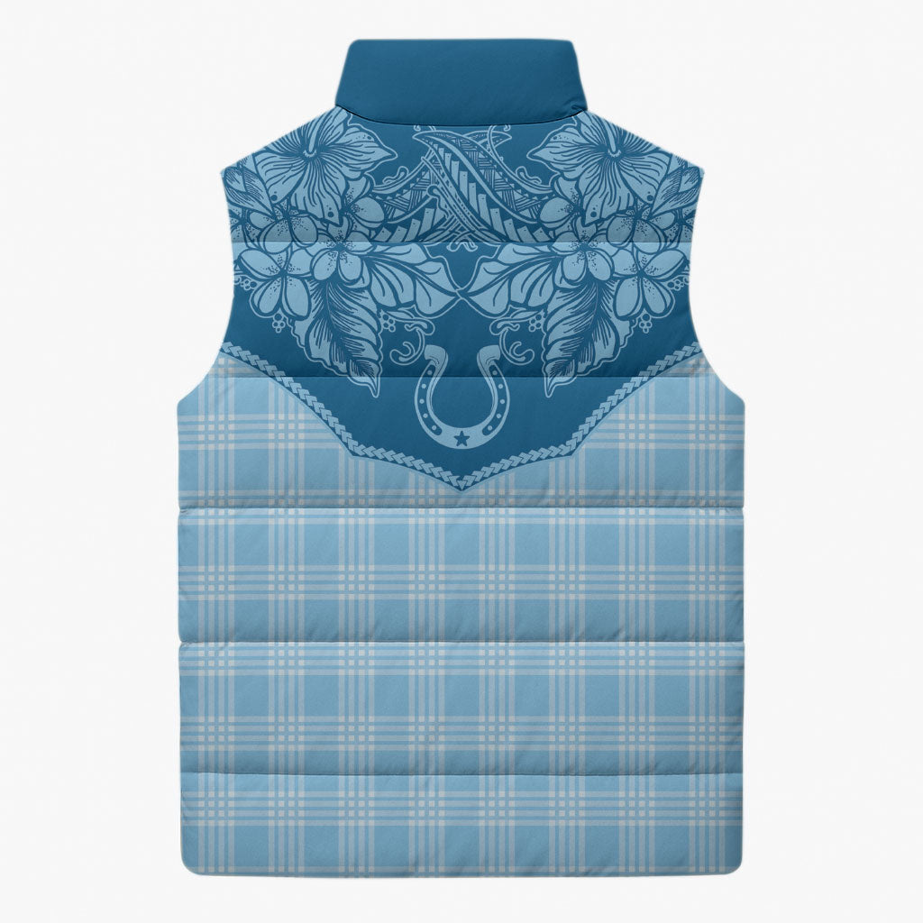 Hawai'i Paniolo Motif Deep Blue Sleeveless Puffer Jacket Floral Palaka Print LT7 - Polynesian Pride
