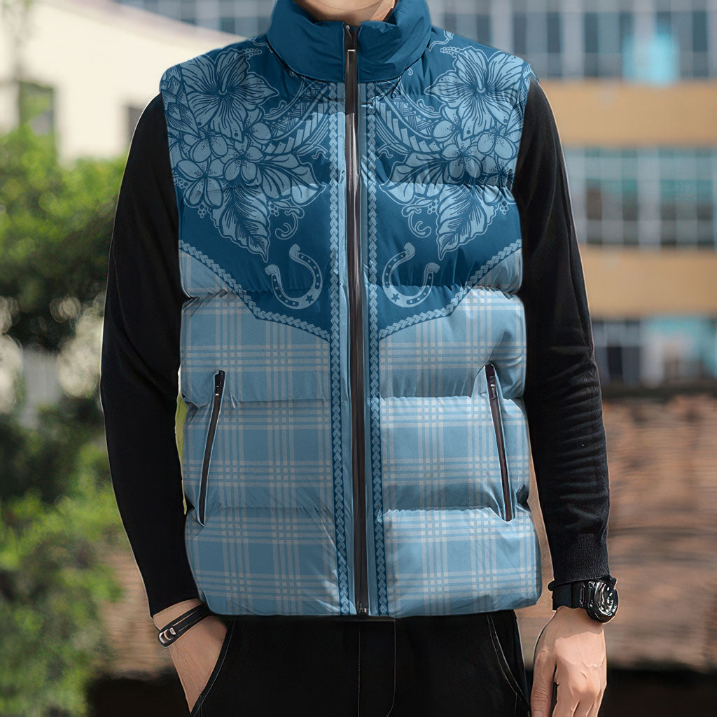 Hawai'i Paniolo Motif Deep Blue Sleeveless Puffer Jacket Floral Palaka Print LT7 - Polynesian Pride