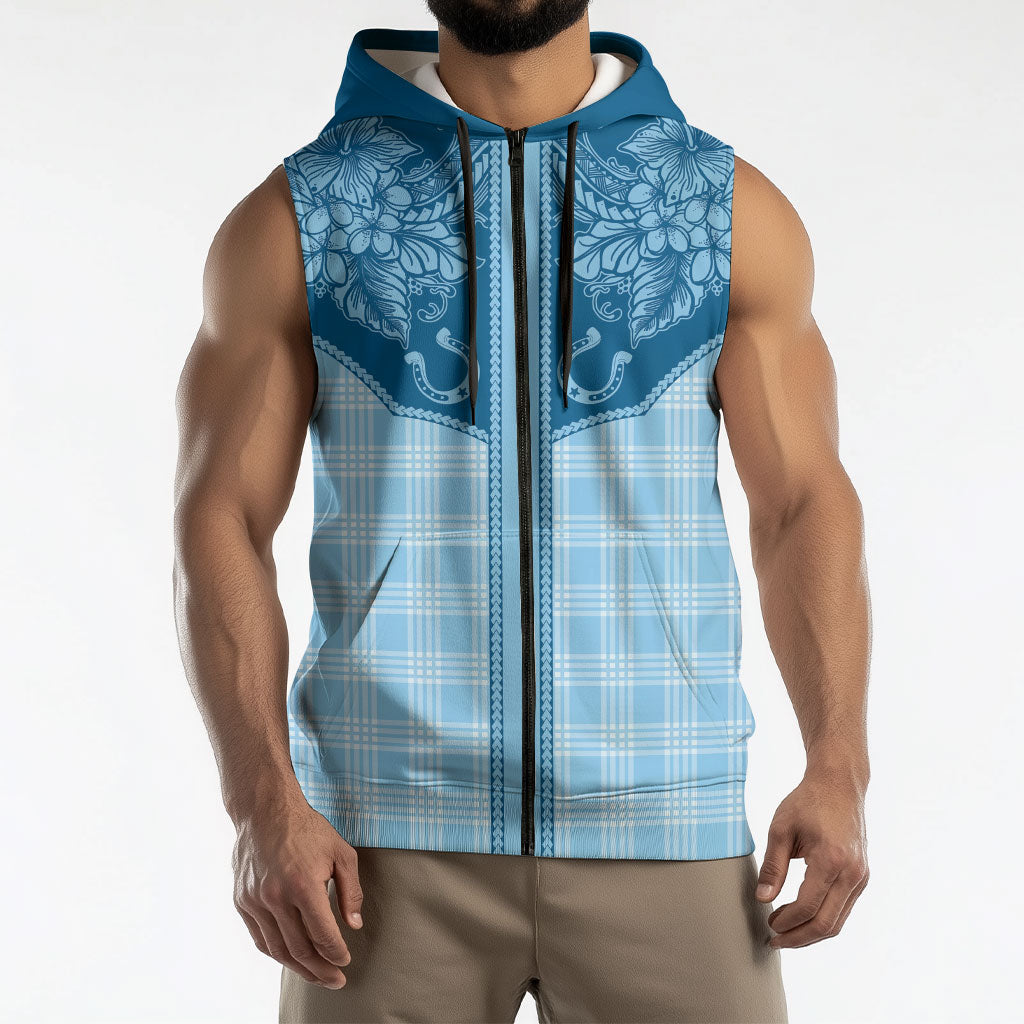 Hawai'i Paniolo Motif Deep Blue Sleeveless Zip Hoodie Floral Palaka Print LT7 - Polynesian Pride