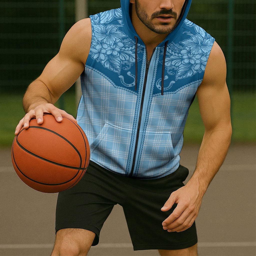Hawai'i Paniolo Motif Deep Blue Sleeveless Zip Hoodie Floral Palaka Print LT7 - Polynesian Pride