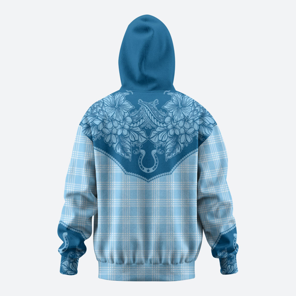 Hawai'i Paniolo Motif Deep Blue Zip Hoodie Floral Palaka Print LT7 - Polynesian Pride