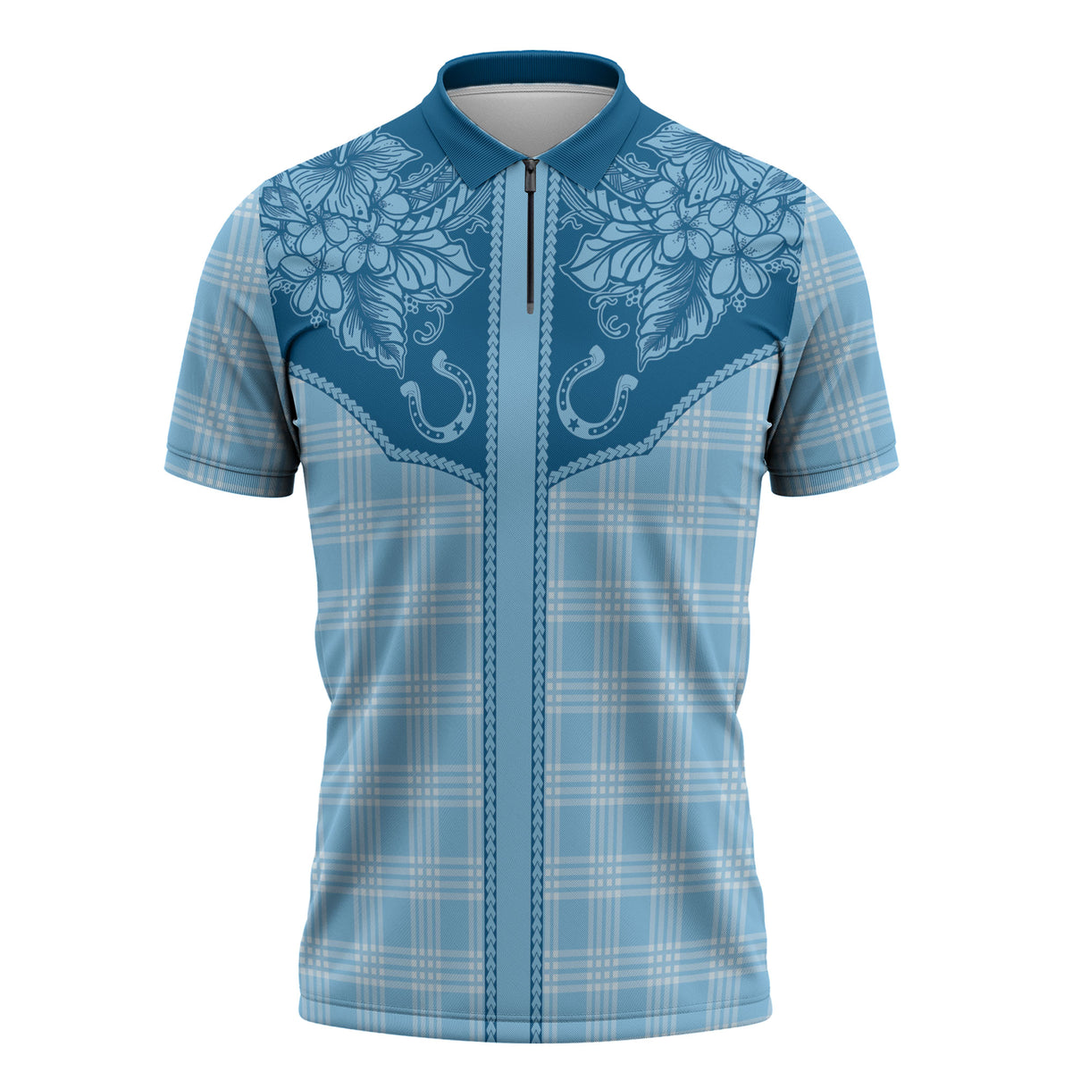 Hawai'i Paniolo Motif Deep Blue Zipper Polo Shirt Floral Palaka Print LT7 Navy Blue - Polynesian Pride