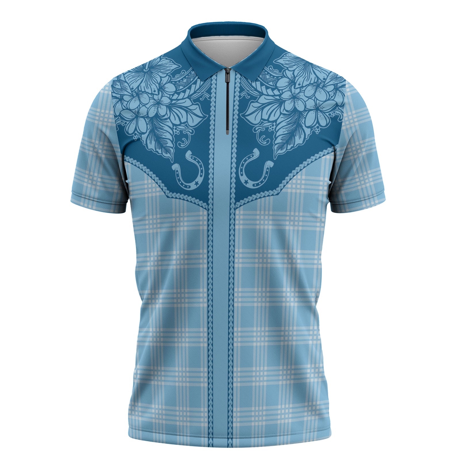Hawai'i Paniolo Motif Deep Blue Zipper Polo Shirt Floral Palaka Print LT7 Navy Blue - Polynesian Pride