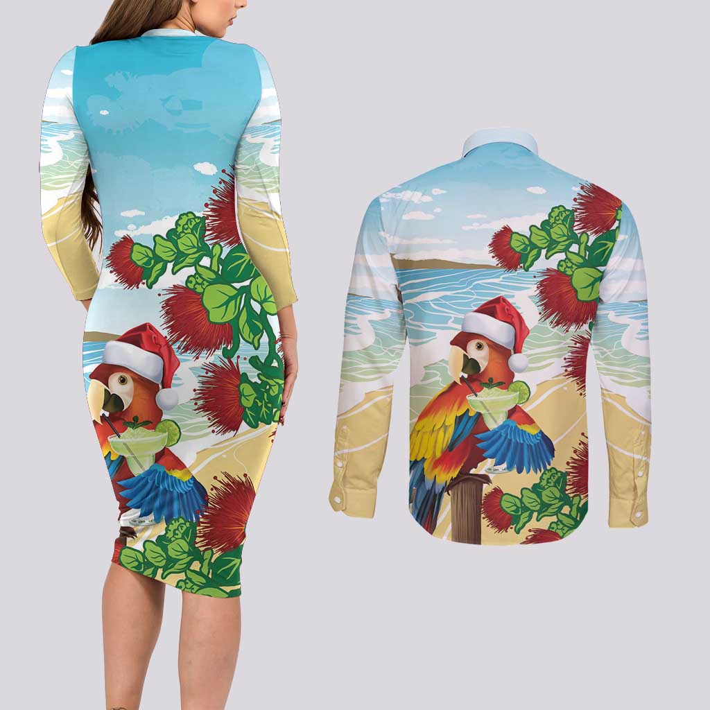 Have A Very Beach Christmas Couples Matching Long Sleeve Bodycon Dress and Long Sleeve Button Shirt Parrot By Lehua Flower - Polynesian Pride
