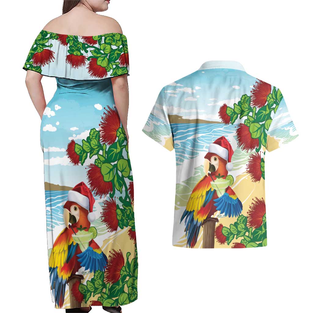 Have A Very Beach Christmas Couples Matching Off Shoulder Maxi Dress and Hawaiian Shirt Parrot By Lehua Flower - Polynesian Pride