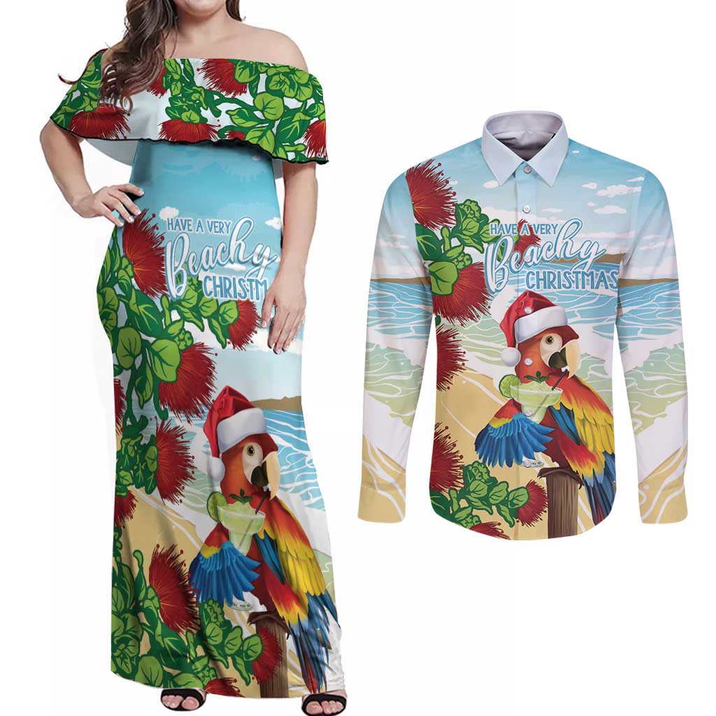 Have A Very Beach Christmas Couples Matching Off Shoulder Maxi Dress and Long Sleeve Button Shirt Parrot By Lehua Flower - Polynesian Pride