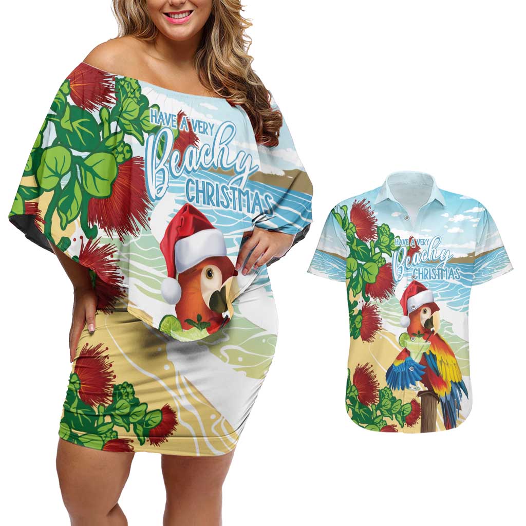 Have A Very Beach Christmas Couples Matching Off Shoulder Short Dress and Hawaiian Shirt Parrot By Lehua Flower - Polynesian Pride