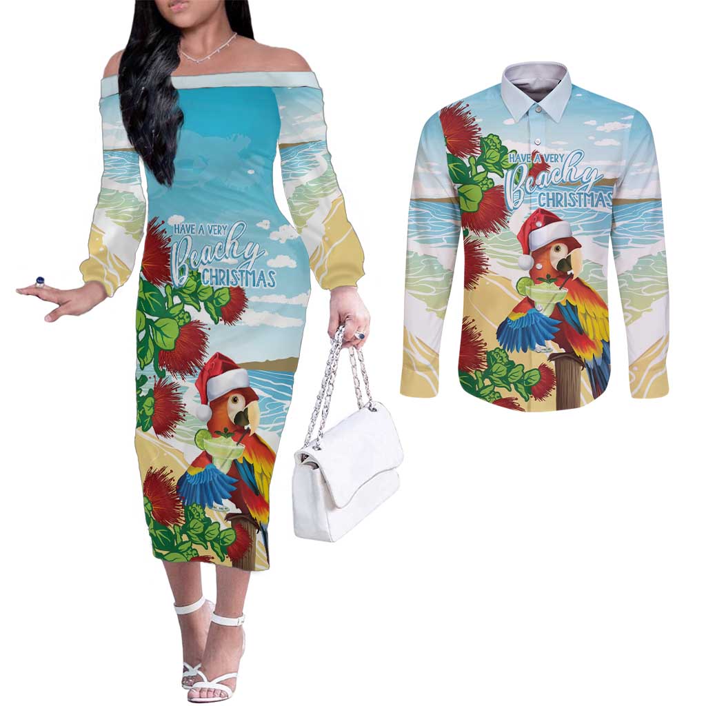Have A Very Beach Christmas Couples Matching Off The Shoulder Long Sleeve Dress and Long Sleeve Button Shirt Parrot By Lehua Flower - Polynesian Pride