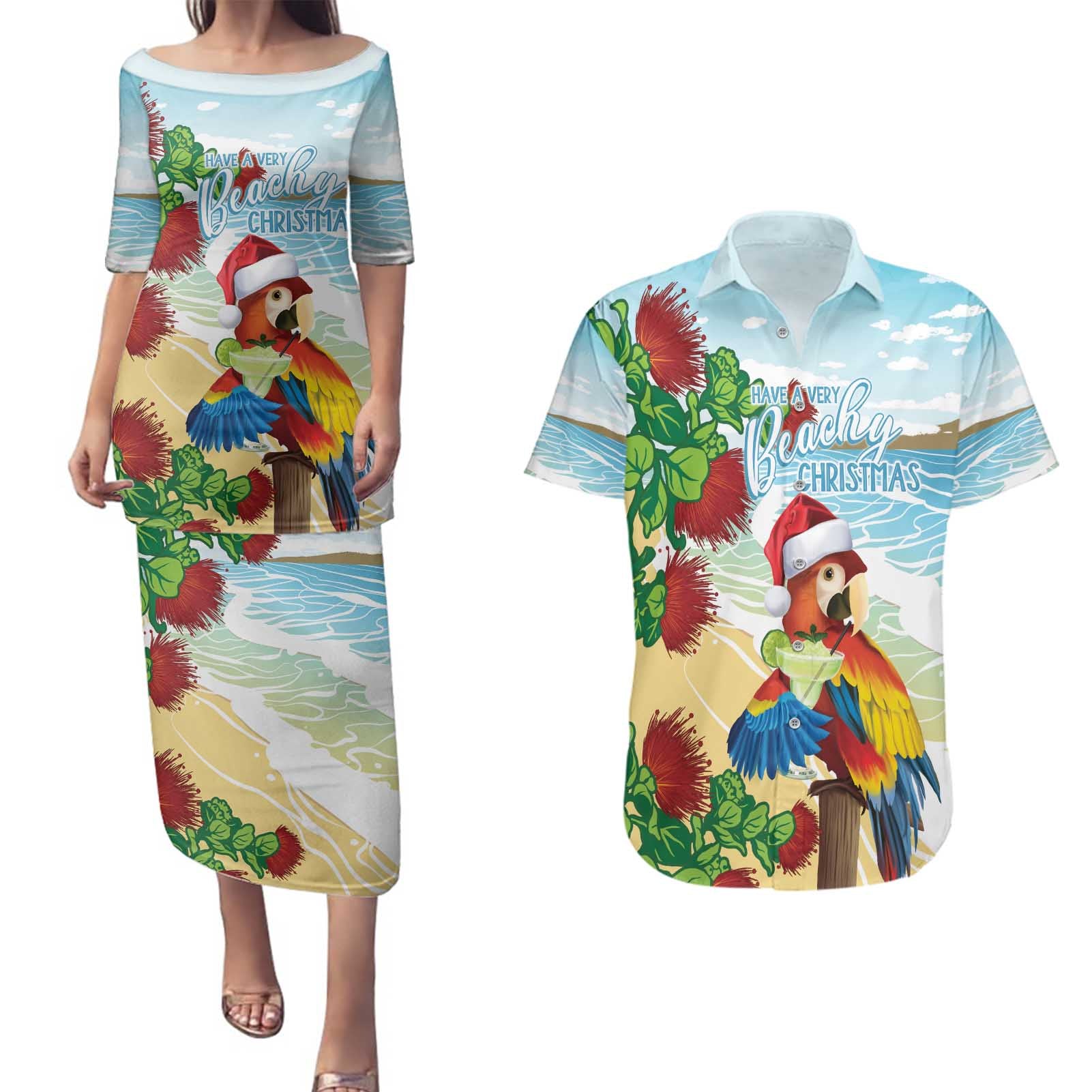 Have A Very Beach Christmas Couples Matching Puletasi and Hawaiian Shirt Parrot By Lehua Flower - Polynesian Pride