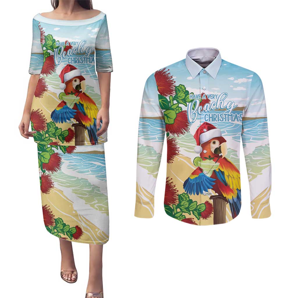 Have A Very Beach Christmas Couples Matching Puletasi and Long Sleeve Button Shirt Parrot By Lehua Flower - Polynesian Pride