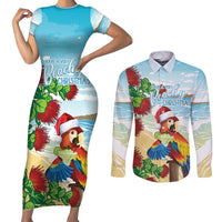 Have A Very Beach Christmas Couples Matching Short Sleeve Bodycon Dress and Long Sleeve Button Shirt Parrot By Lehua Flower - Polynesian Pride