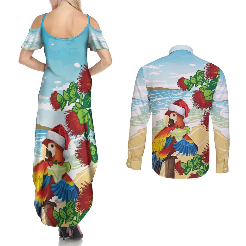 Have A Very Beach Christmas Couples Matching Summer Maxi Dress and Long Sleeve Button Shirt Parrot By Lehua Flower - Polynesian Pride