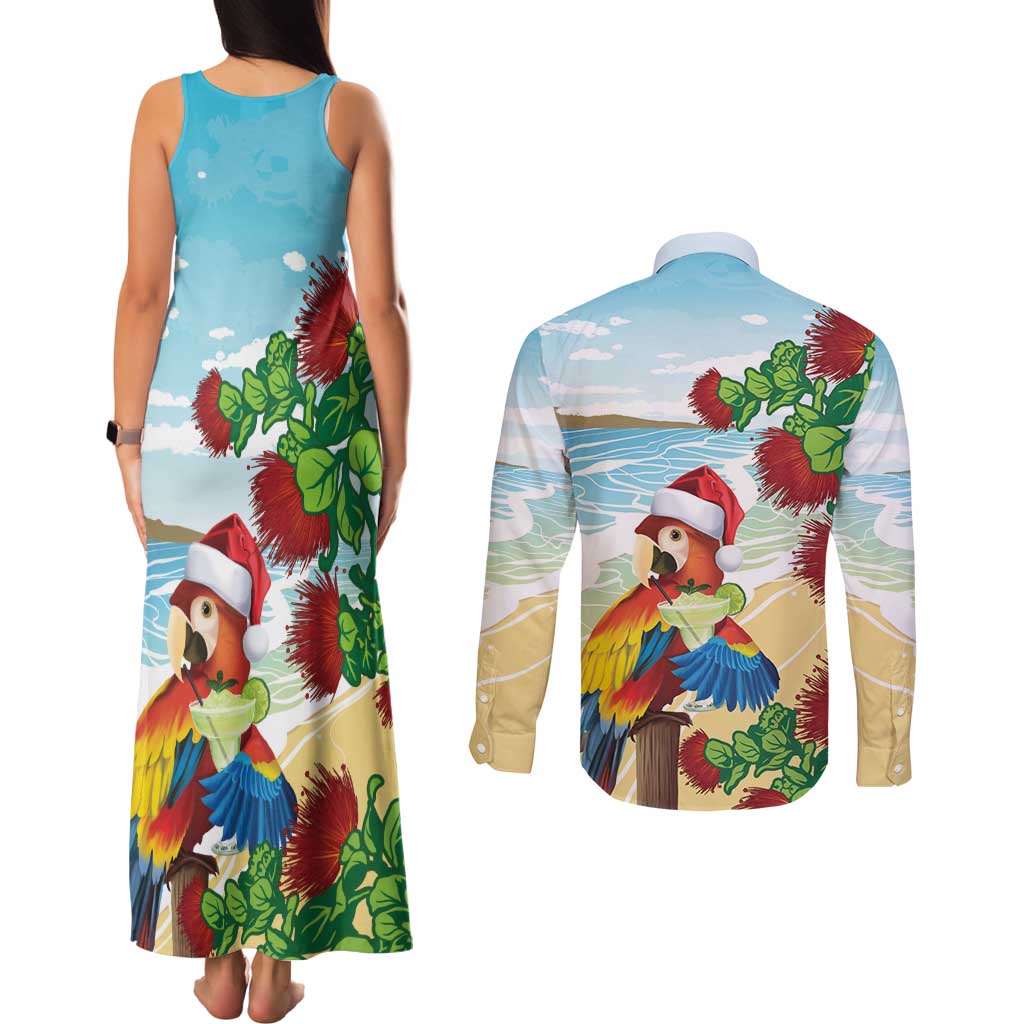 Have A Very Beach Christmas Couples Matching Tank Maxi Dress and Long Sleeve Button Shirt Parrot By Lehua Flower - Polynesian Pride