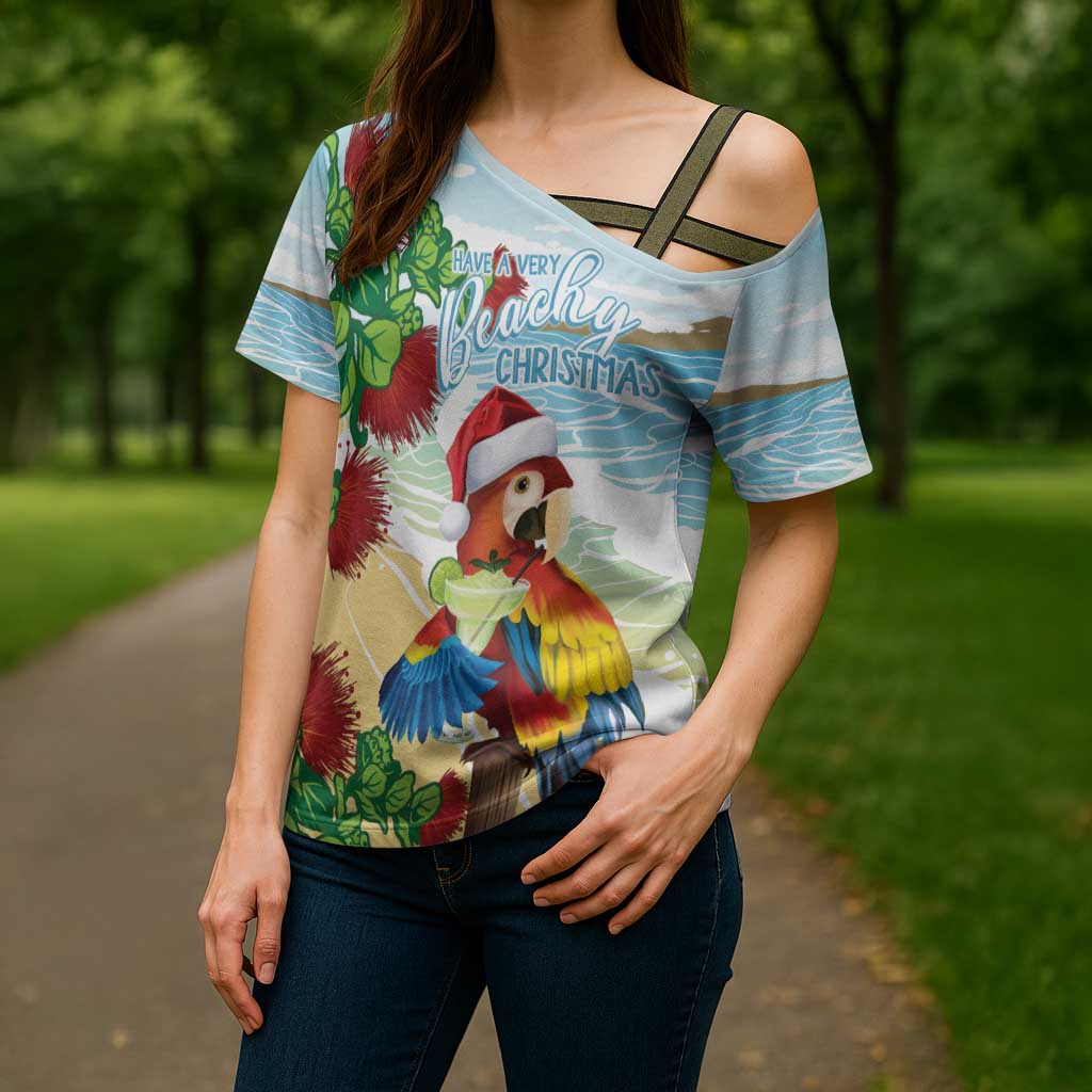 Have A Very Beach Christmas Cross Shoulder Shirt Parrot By Lehua Flower - Polynesian Pride