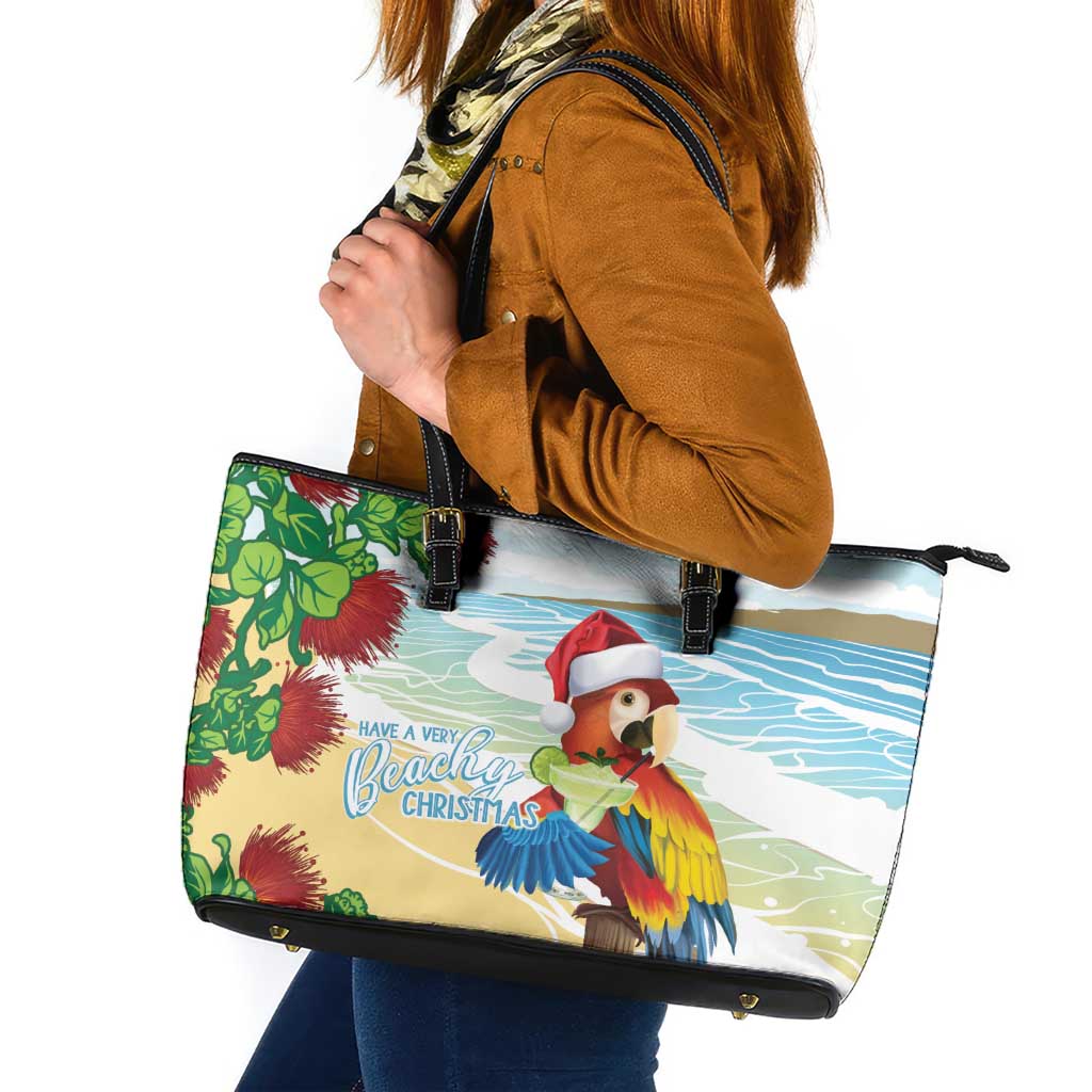 Have A Very Beach Christmas Leather Tote Bag Parrot By Lehua Flower - Polynesian Pride