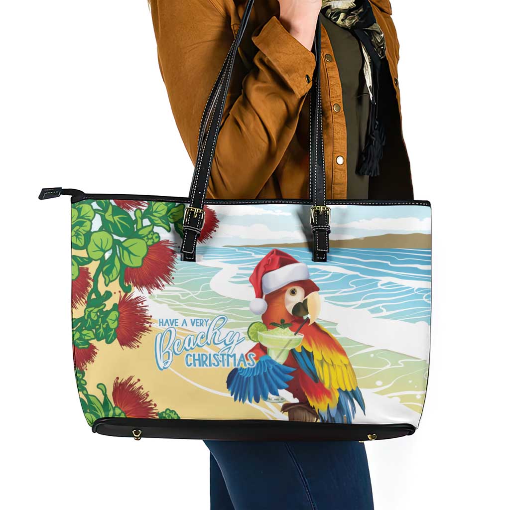 Have A Very Beach Christmas Leather Tote Bag Parrot By Lehua Flower - Polynesian Pride