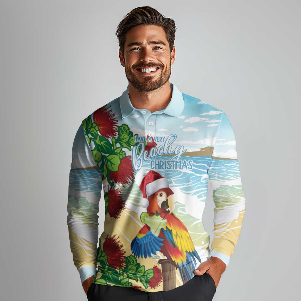 Have A Very Beach Christmas Long Sleeve Polo Shirt Parrot By Lehua Flower - Polynesian Pride
