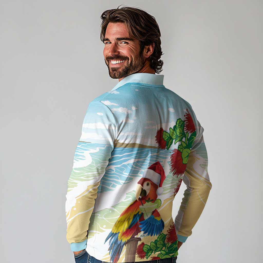 Have A Very Beach Christmas Long Sleeve Polo Shirt Parrot By Lehua Flower - Polynesian Pride