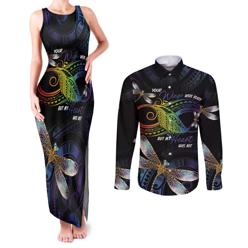 Personalised Polynesian Memorial Couples Matching Tank Maxi Dress and Long Sleeve Button Shirt Your Wings Were Ready But My Heart Was Not