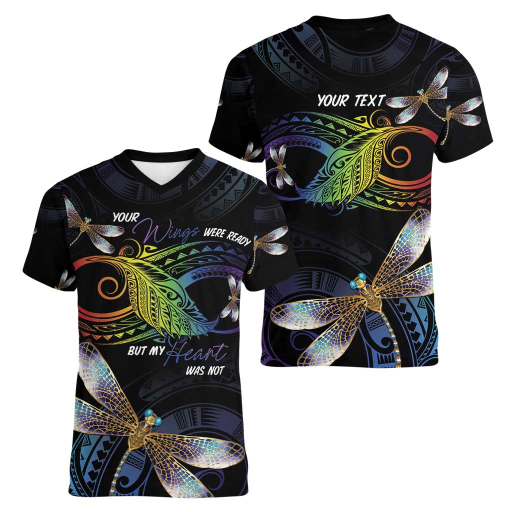 Personalised Polynesian Memorial Women V-Neck T-Shirt Your Wings Were Ready But My Heart Was Not