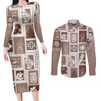 Hawaii Christmas Retro Patchwork Couples Matching Long Sleeve Bodycon Dress and Long Sleeve Button Shirt Brown LT7 Brown - Polynesian Pride